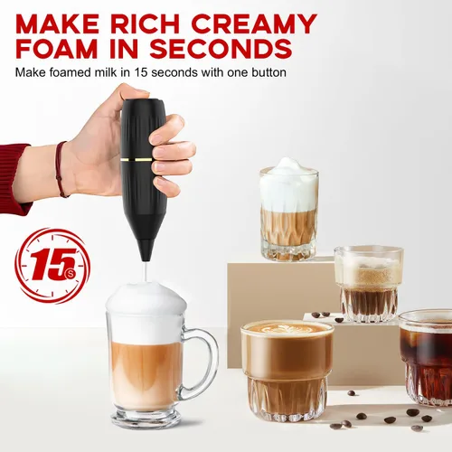 Miniatura 3 de Homexup Espumador de leche de mano de 14,000 rpm, mezclador de bebidas con soporte y cuchara agitadora, funcionamiento silencioso con un botón