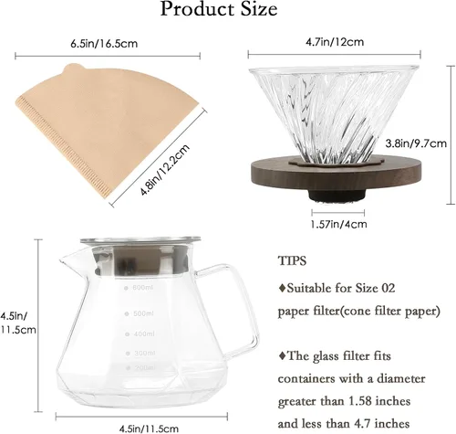 Miniatura 6 de Lalord Cafetera de Vertido, Jarra de Vidrio Borosilicato de 20 oz con 100 pcs Filtros de Papel V60 por Gsform, Mango de Nogal y Tapa de Vidrio