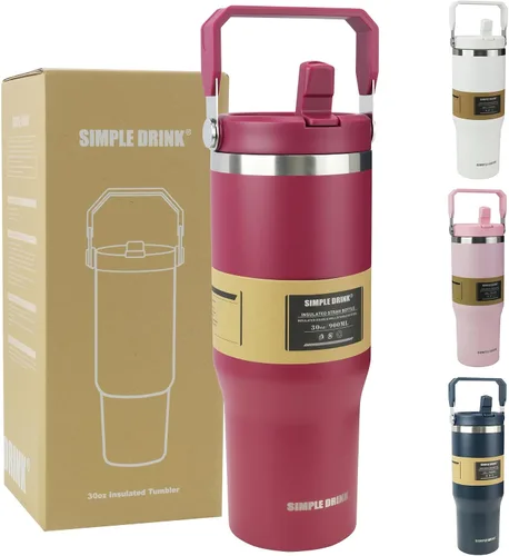 Miniatura 9 de Botella de agua aislada con pajilla abatible de 30 onzas con asa, vaso de acero inoxidable a prueba de fugas, taza de café de viaje al vacío