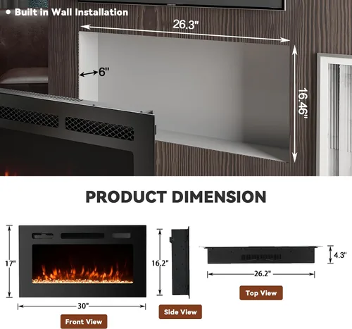 Miniatura 5 de Chimenea eléctrica montada en la pared y empotrada de 30 pulgadas con control remoto temporizador de 8 horas, 12 llamas, pantalla táctil, calentador