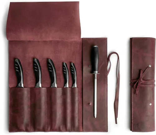 Miniatura 11 de Estuche de cuero rústico para cuchillos, bolsa duradera para cuchillos de chef para chefs profesionales, bolsa de rollo de cuchillos, funda