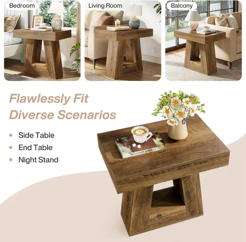 Miniatura 6 de Tribesigns Mesa auxiliar moderna de 24 pulgadas, mesa auxiliar de madera estrecha de 2 niveles con base trapezoidal, mesita de noche pequeña