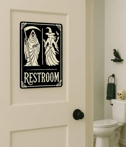 Miniatura 4 de Letrero de decoración de baño de Halloween – Parca y bruja, decoración espeluznante para baño, divertida placa de metal gótica de 11 x 8.3 pulgadas
