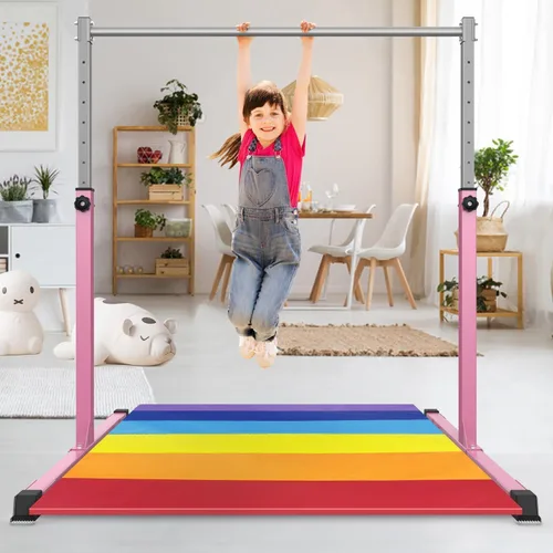 Miniatura 7 de Safly Fun Gymnastics Bar for Kids Ages 3-15 Sturdy Steel Home Gym, Adjustable Height (3 to 5 ft) with Anti-Slip Base, Easy Assembly Rosa