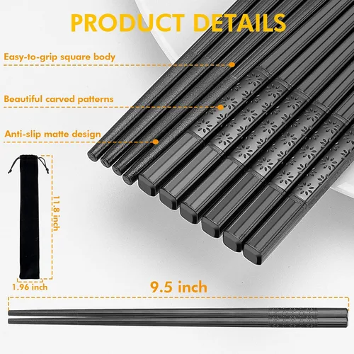 Miniatura 2 de Juego de 5 pares de palillos de fibra de vidrio aptos para lavavajillas, palillos chinos japoneses reutilizables de 9.5 pulgadas, antideslizantes