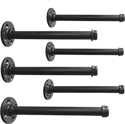 Juego de 6 soportes industriales para estantes de tubería de hierro negro – 12 pulgadas, soporte flotante rústico resistente, perchero para ropa,