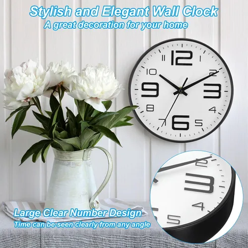 Miniatura 5 de PATIKIL Relojes de pared de cuarzo de 8 pulgadas, funciona con pilas, silenciosos, sin tictac, números 3D, relojes de pared redondos decorativos