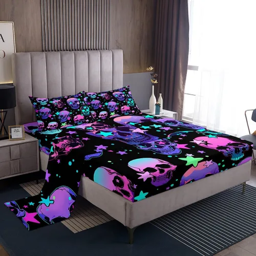Miniatura 9 de Manfei Juego de sábanas de Feliz Halloween, tamaño individual, juego de ropa de cama de murciélagos morados y estrellas para decoración