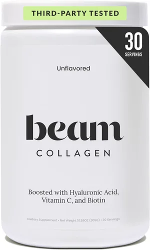 Beam Colágeno en polvo, colágeno para mujeres, colágeno con ácido hialurónico, péptidos de colágeno tipo 1 y 3, con biotina, bovino alimentado con