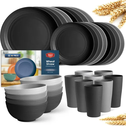 Miniatura 17 de Teivio - Juego de vajilla de paja de trigo de 32 piezas para cocina, juego de platos de plástico irrompible, servicio para 8, juego moderno de Negro