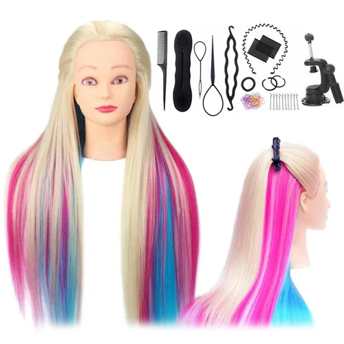 TopDirect Cabeza de maniquí de cosmetología de pelo colorido de 29 pulgadas de largo para práctica de peinado y peluquería, muñeca de entrenamiento