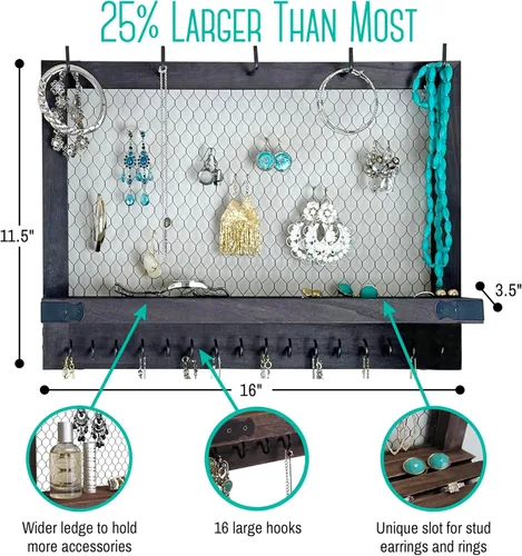 Miniatura 3 de OUTSHINE Organizador de joyas de pared grande de granja (espresso) Organizador de pared para aretes, collares, pulseras, accesorios