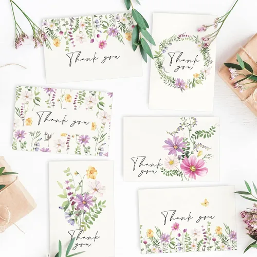 Miniatura 4 de AnyDesign Paquete de 36 tarjetas de agradecimiento florales, tarjetas de felicitación de flores silvestres en acuarela con sobres, calcomanías