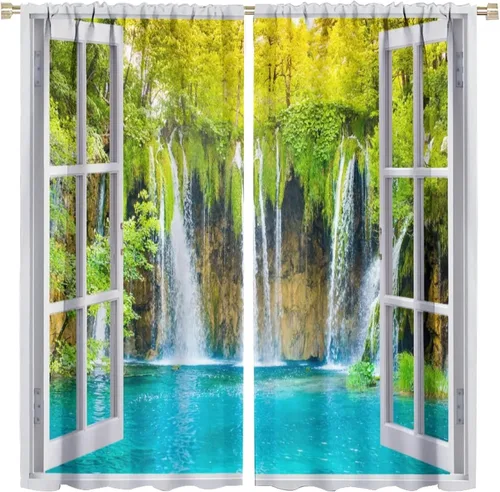 Miniatura 14 de Cortinas de paisaje, ventana tropical con vista al mar, océano, playa, barco, cortinas con estampado de palmeras para dormitorio, sala de estar, Mar