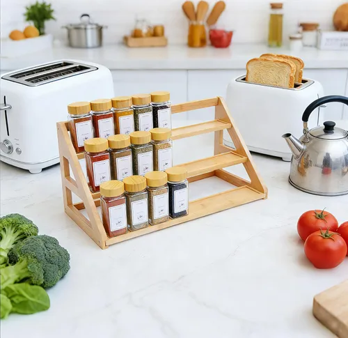 Miniatura 3 de Organizador de estante de especias de nivel de bambú: Organizador de tarros de especias de encimera de armario de cocina de 17.5 pulgadas de ancho