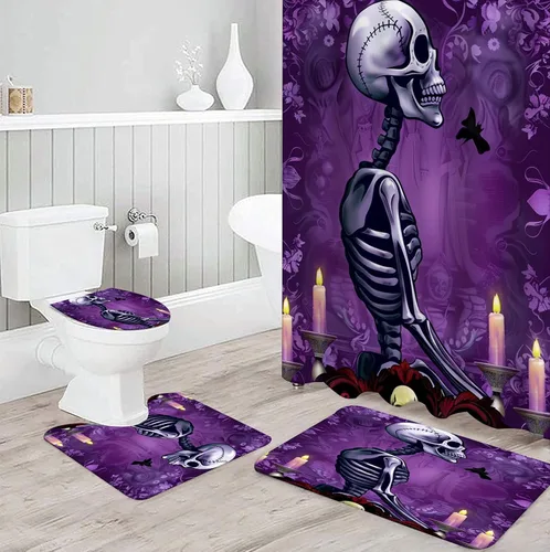 Miniatura 6 de Juego de cortina de ducha y alfombras de Halloween, 4 piezas de calavera de rosa roja con flores de beso de azúcar, decoración de baño de flores