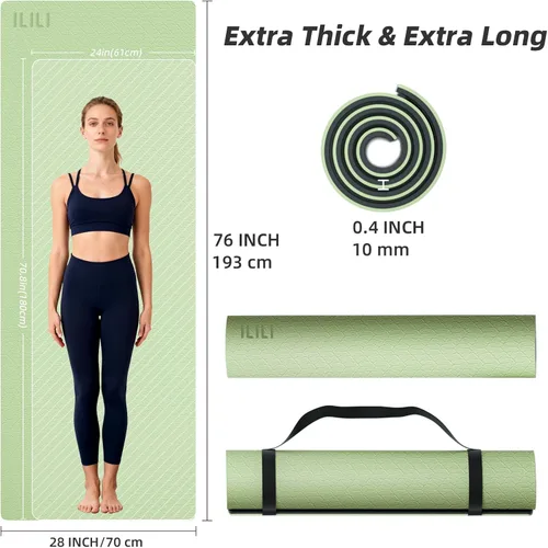 Miniatura 18 de ILILI Tapete de yoga 10mm extra grueso y 193cm extra largo, 76x28x0.4 pulgadas, material TPE antideslizante de doble color, fácil de transportar