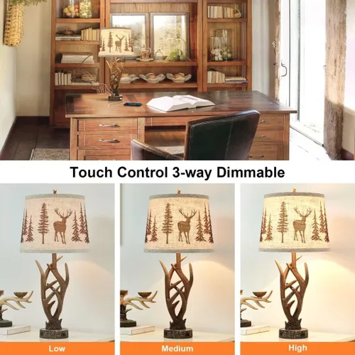Miniatura 4 de Dungoo Juego de 2 lámparas de mesa rústicas de ciervo occidental con luz nocturna, lámparas de noche rústicas de 26 pulgadas para dormitorio con 2