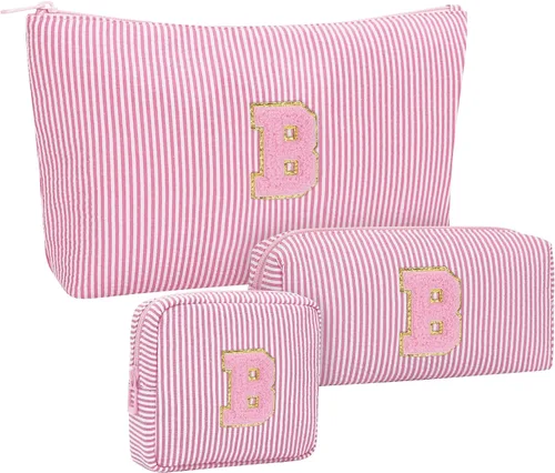 Miniatura 67 de Juego de bolsas de maquillaje con iniciales para niñas y mujeres, bolsa de cosméticos con monograma con soporte para cepillos, estuche de maquillaje