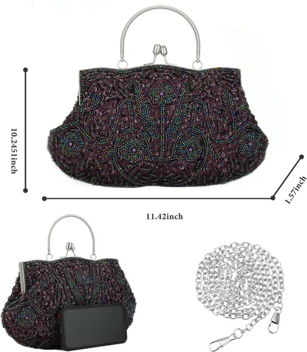 Miniatura 4 de Bolso de mano de noche con cuentas vintage para mujer, diseño vintage, lentejuelas, floral, asa superior, bolso de fiesta, boda, cartera, Púrpura