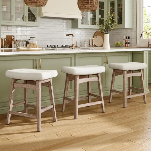 Miniatura 9 de MAISON ARTS Juego de 4 taburetes de bar grises para encimera de cocina, patas de madera maciza con asiento de silla de montar de piel sintética