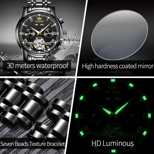 Miniatura 5 de OLEVS Reloj automático para hombre, cuerda automática, mecánica, de lujo, de acero inoxidable, multicalendario, impermeable, luminoso, reloj