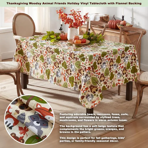 Miniatura 2 de Newbridge Woodsy - Mantel de vinilo con parte trasera de franela de otoño y Acción de Gracias, diseño de criaturas del bosque caprichosas