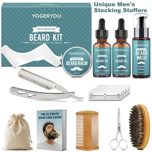 Miniatura 7 de Kit de barba, kit de aseo de barba para hombres con navaja recta, 2 paquetes de aceite para barba, lavado, bálsamo, cepillo, peine, tijeras. Regalos