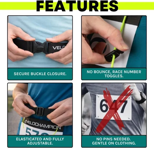 Miniatura 3 de VeloChampion Cinturón Riñonera para Correr – Ajuste Elástico Extensible para Triatlón, Maratón, Ciclismo y Soporte de Número de Carrera, Negro