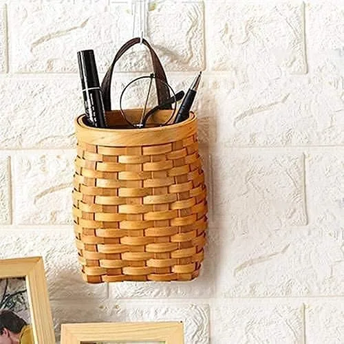 Miniatura 2 de Cesta colgante de mimbre tejida a mano, cesta de almacenamiento de madera portátil para colgar en la pared, cesta de flores, organizador de frutas