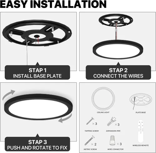 Miniatura 6 de Lámpara de techo LED regulable con control remoto, 24 W, 2640 lúmenes, 12 pulgadas, luz nocturna cálida de 2000 K y 3000 K-6500 K, moderna lámpara