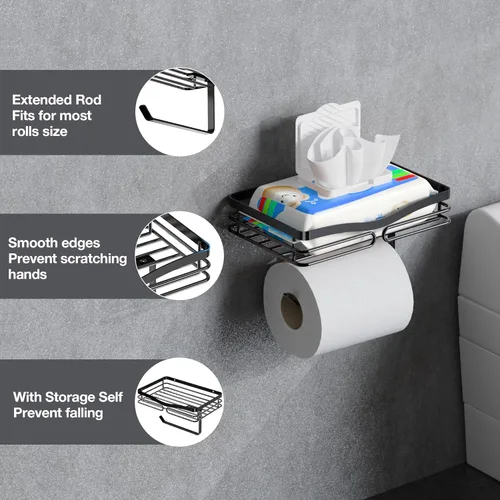 Miniatura 3 de Soporte de papel higiénico con estante de almacenamiento, metal negro, montaje sin taladros, se adapta a toallitas húmedas de tamaño Costco