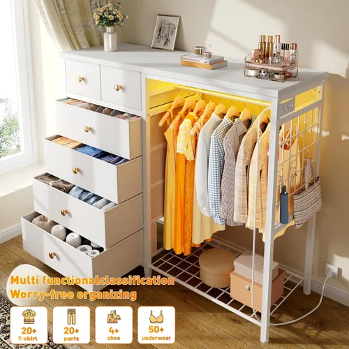 Miniatura 3 de EnHomee Cómoda blanca de 125 cm de ancho para dormitorio con estante colgante, cómoda de 6 cajones con luces LED y estación de carga, cómodas