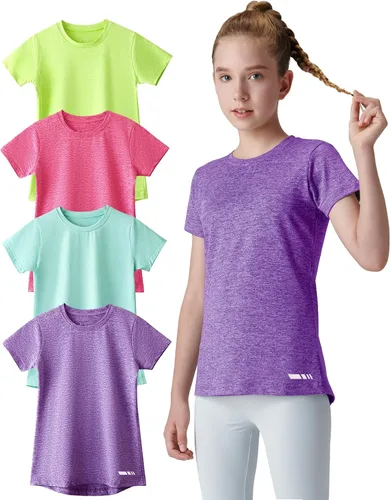 Paquete de 4 camisetas atléticas para niñas jóvenes, camisetas de manga corta Dry Fit, ropa deportiva para niños y adolescentes