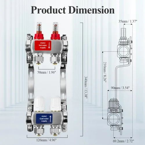 Miniatura 4 de AB Colector PEX de 2 bucles/radiante, salidas compatibles de 1/2 pulgada, válvula de flujo de hasta 1.4 GPM para calefacción radiante hidrónica