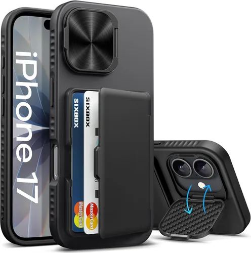 Miniatura 40 de Funda para iPhone 16e tipo cartera, soporte integrado, tarjetero y cubierta para lente de cámara, protección de cuerpo completo, resistente, Negro