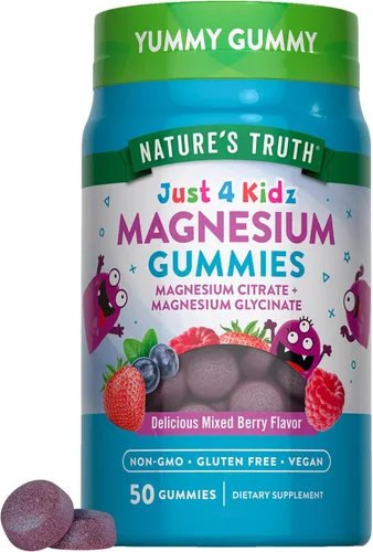 Gominolas de magnesio Nature's Truth para niños | Glicinato y citrato | 50 unidades | Sabor a bayas mixtas | Suplemento vegano, sin OMG y sin gluten