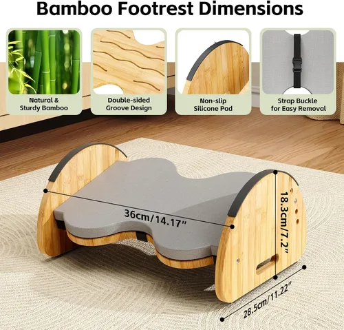 Miniatura 3 de Reposapiés ergonómico de bambú para debajo del escritorio, reposapiés mecedora reversible 3 en 1 con almohadillas, taburete de oficina de 4 alturas