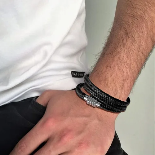 Miniatura 3 de Pulsera de cuero para hombre, pulsera trenzada negra de acero inoxidable, pulsera ajustable de protección multicapa para mujer