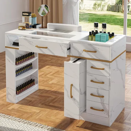 Miniatura 9 de Mesa de manicura con colector de polvo eléctrico, estación de manicura versátil con parte superior de vidrio para tecnología de uñas, incluye cojín