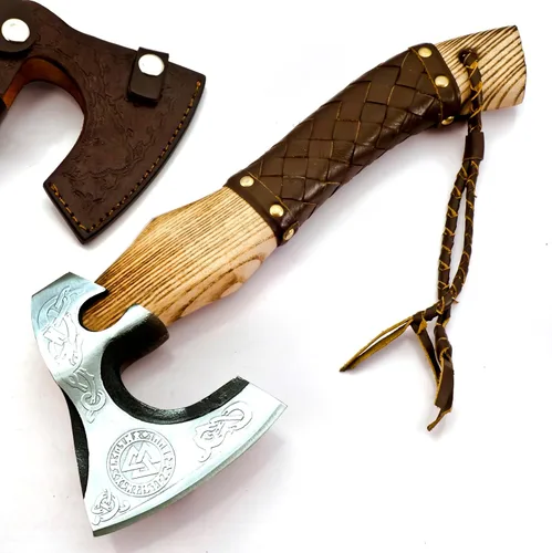 Hacha barbuda de acero al carbono forjado a medida, estilo vikingo, hacha real, hacha para lanzar y acampar con envoltura de cuero, el mejor regalo