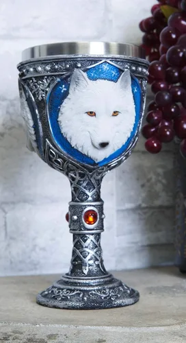 Miniatura 7 de Ebros Gift Gran celta mágica Knotwork Alpha Direwolf White Snow Wolf 8oz cáliz de copa de vino con forro de acero inoxidable Figura de taza