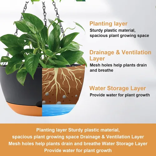 Miniatura 2 de KPUVX Maceta Colgante de 10 Pulgadas, Macetas de Riego Automático para Plantas de Interior, Paquete de 3 Cestas Colgantes de Plástico con Bandeja