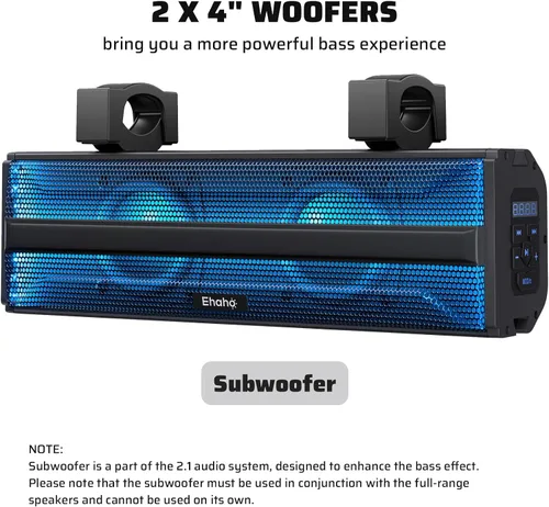 Miniatura 8 de Ehaho Barra de sonido estéreo UTV de 2.1 canales (subwoofer) y altavoces, barra de sonido Bluetooth ATV de 17 pulgadas con luces RGB, altavoces