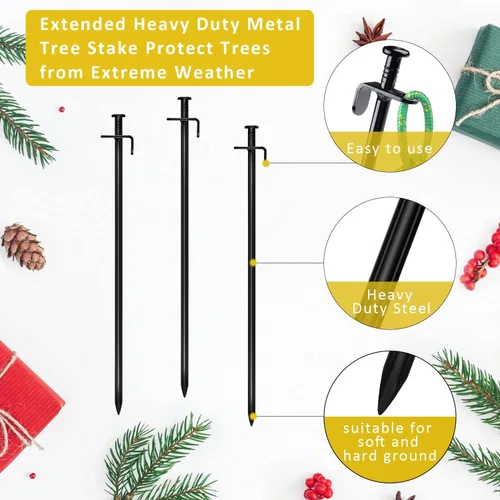 Miniatura 4 de Kit de estaca para árbol, soporte de anclaje resistente para árboles jóvenes con mal tiempo, incluye 3 correas de árbol, 3 estacas de metal