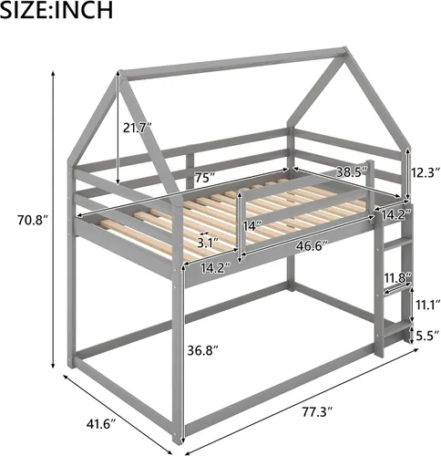 Miniatura 2 de SOFTSEA Litera para jóvenes con escalera incorporada, literas bajas de tamaño individual sobre cama individual para niños Gris