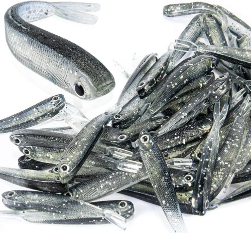Syosisny 50 PCS Señuelos de Pesca de Plástico Suave, Pececillo Realista con Cola Bifurcada, Aparejos de Cebos de Pesca para Agua Salada y Dulce,