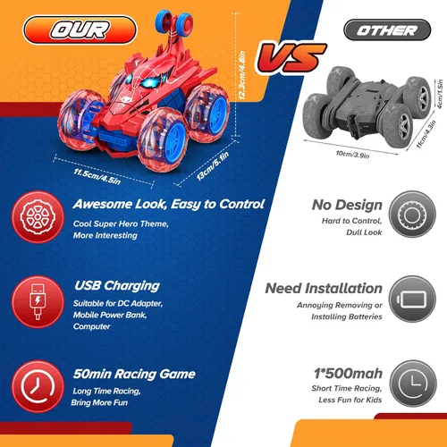 Miniatura 8 de Juguete de auto de control remoto de araña, juguetes de coches rc, auto de acrobacias recargable genial con giros de 360 grados ruedas 4WD con luz