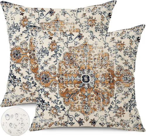 Miniatura 10 de Juego de 2 fundas de almohada impermeables para exteriores de 16 x 16 pulgadas, patrón de alfombra bohemio vintage, diseño étnico negro y gris