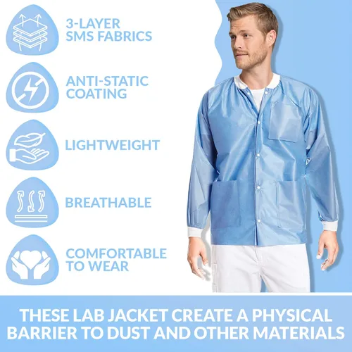 Miniatura 13 de Paquete de 10 chaquetas desechables de laboratorio, chaqueta médica reutilizable hasta la cadera, unisex, con puños de punto y bolsillos
